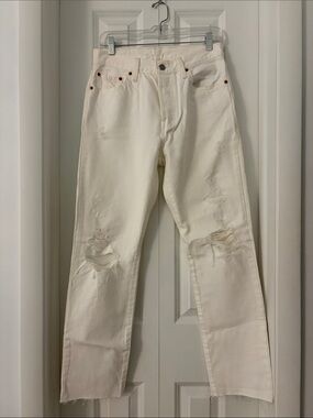 Levi's Women's White 501 Straight-Leg Ripped Jeans